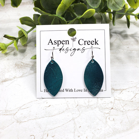 Mini Leather Earrings- Teal Metallic