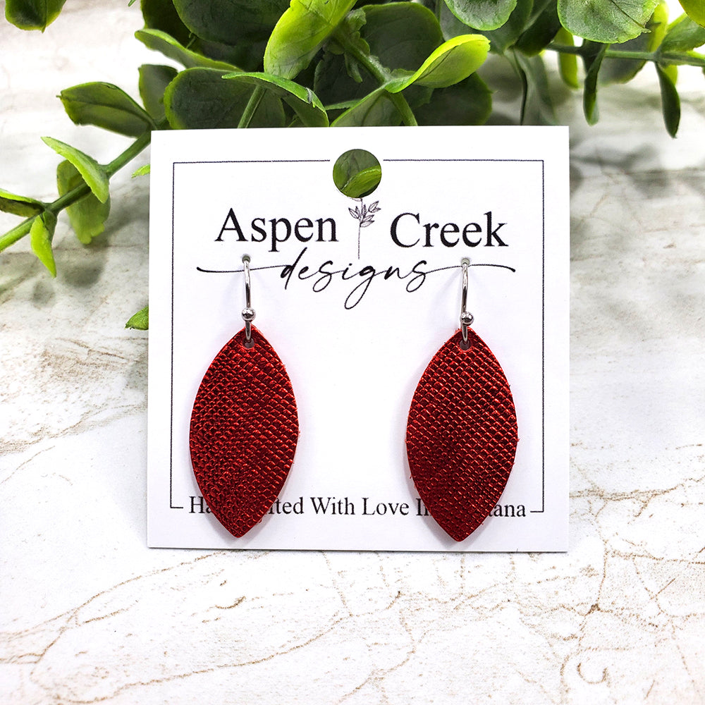 Mini Leather Earrings- Red Metallic Textured