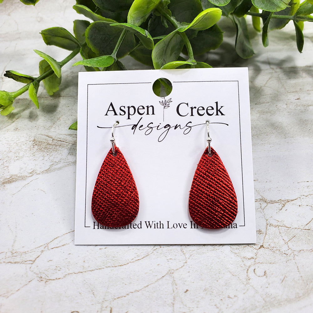 Mini Leather Earrings- Red Metallic Textured