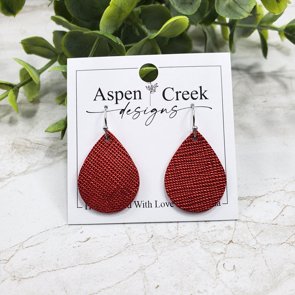 Mini Leather Earrings- Red Metallic Textured