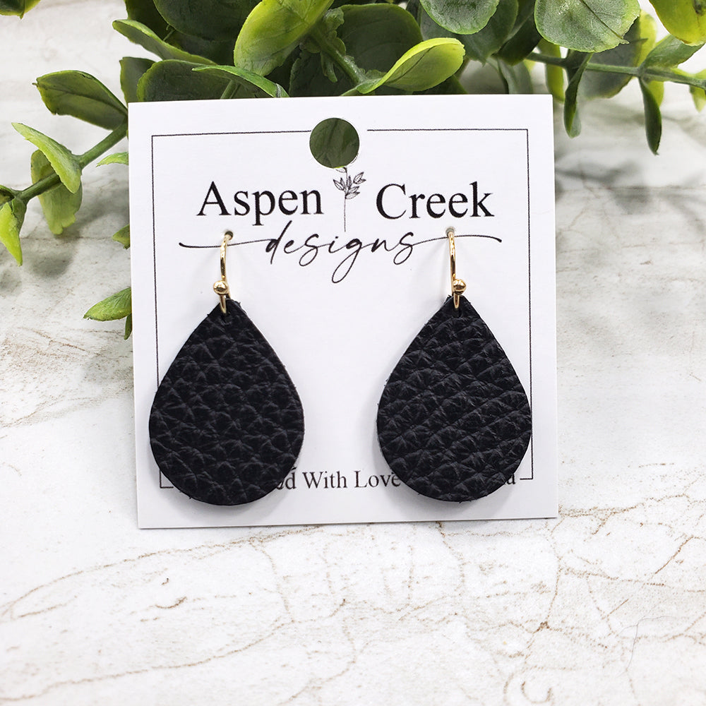 Mini Leather Earrings- Black Pebble