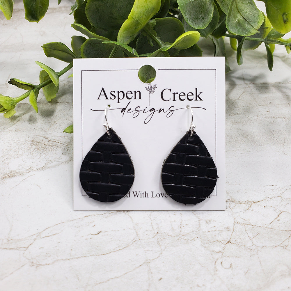 Mini Leather Earrings- Black Basket Weave