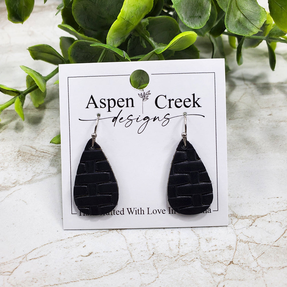 Mini Leather Earrings- Black Basket Weave