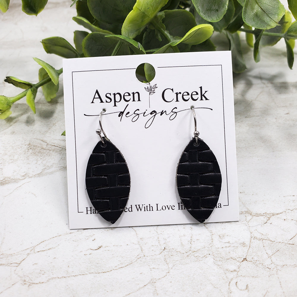 Mini Leather Earrings- Black Basket Weave