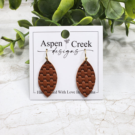 Mini Leather Earrings- Brown Basket Weave