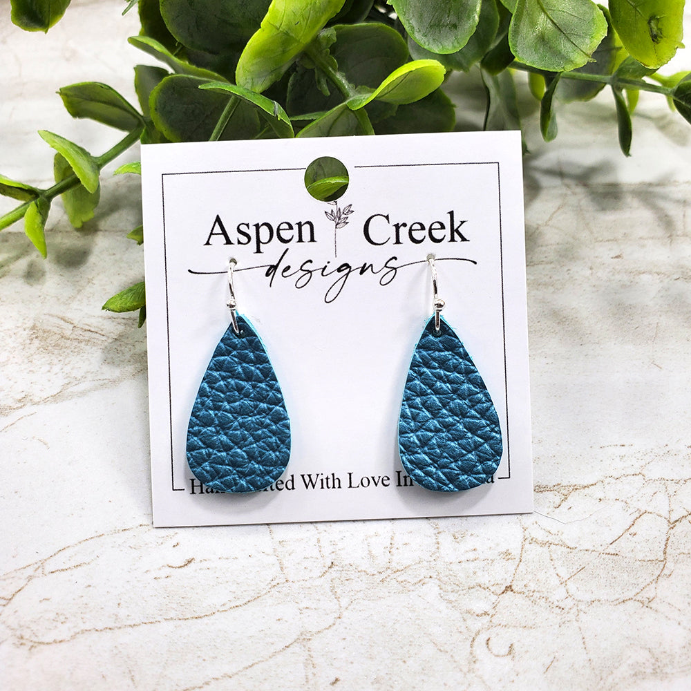 Mini Leather Earrings- Blue Shimmer Pebble