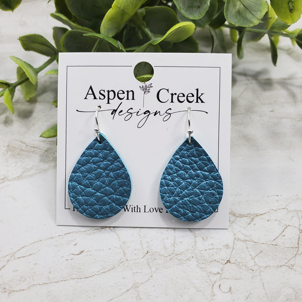 Mini Leather Earrings- Blue Shimmer Pebble