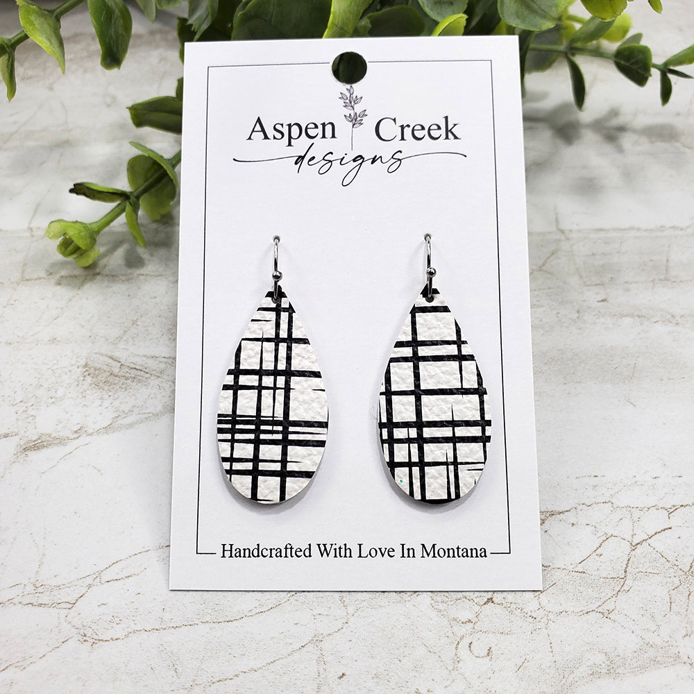 Mini Leather Earrings- Black Crosshatch