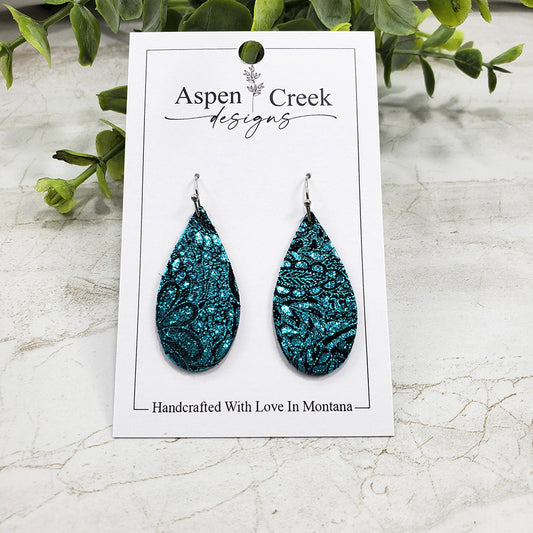 Mini Leather Earrings- Turquoise Metallic Floral