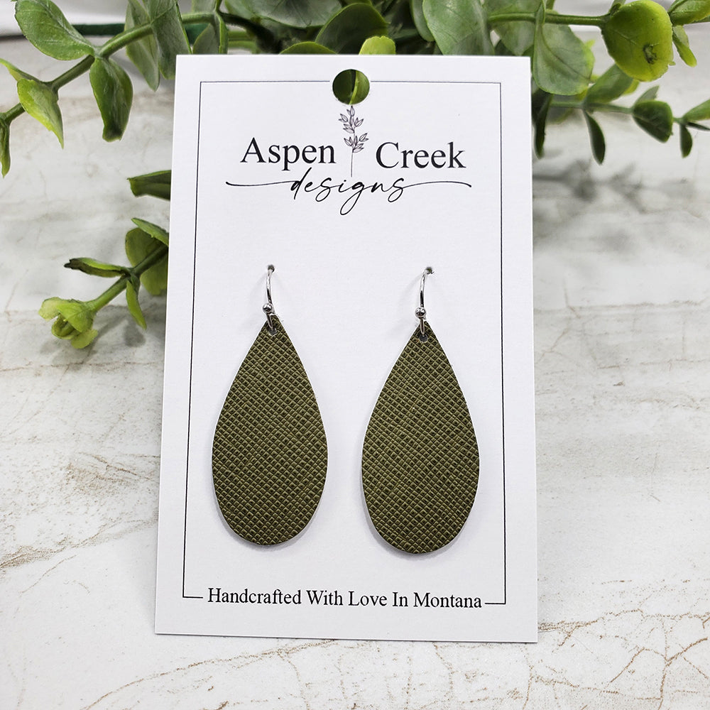 Mini Leather Earrings- Olive Green Textured