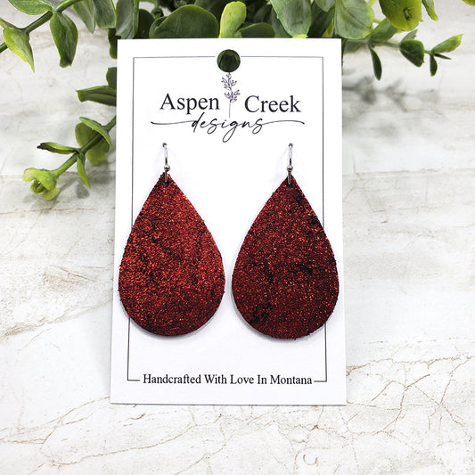 Leather Earrings- Red & Black Crackle