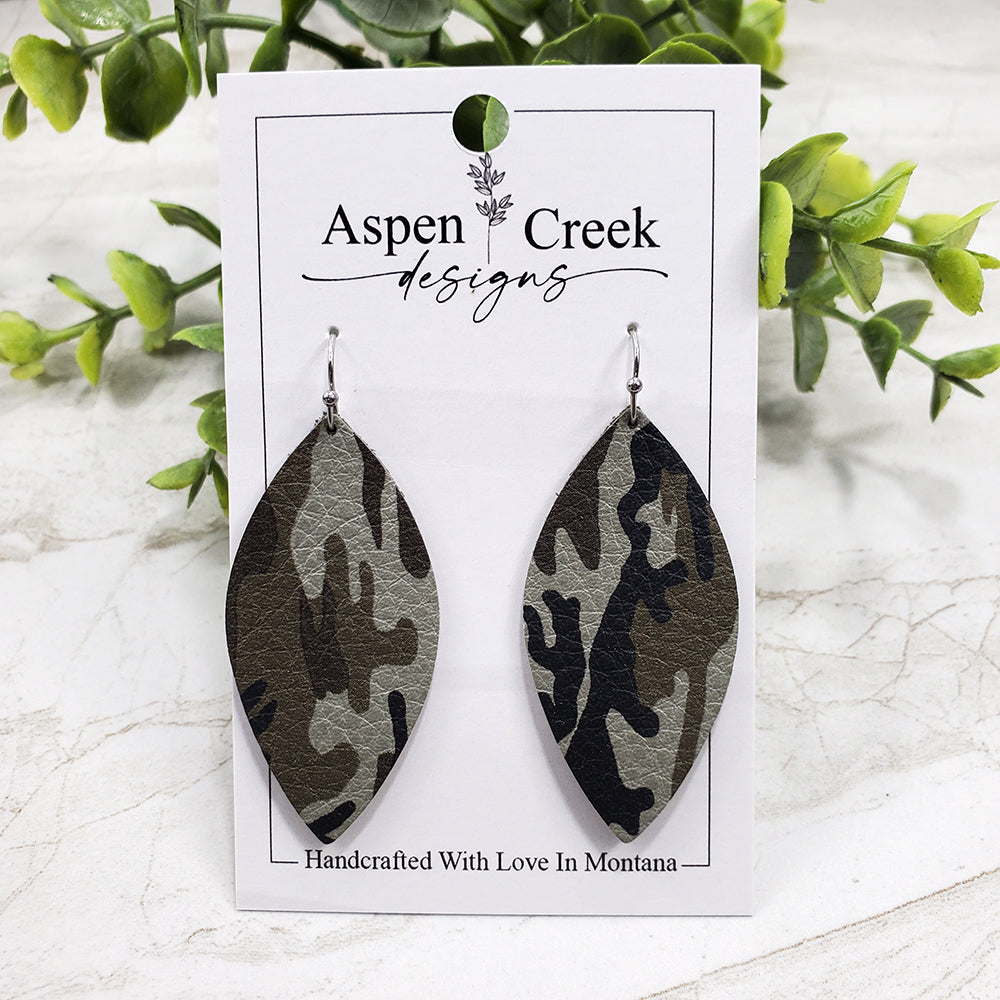 Leather Earrings- Dark Green Camo