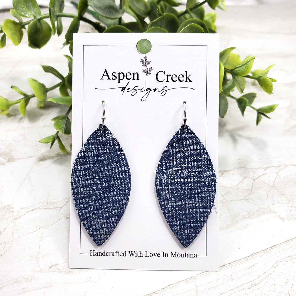 Leather Earrings- Navy & Silver linen