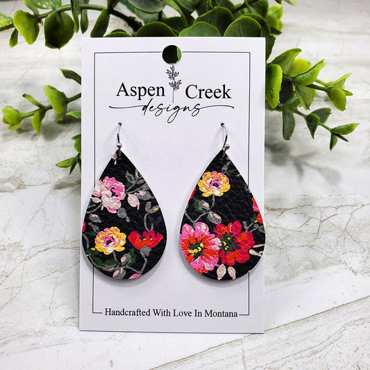 Leather Earrings- Black Floral