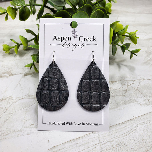 Leather Earrings- Gray Metallic Embossed