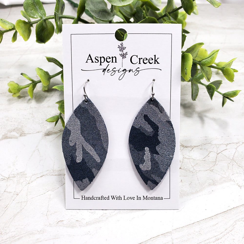 Leather Earrings- Navy & Silver Camo