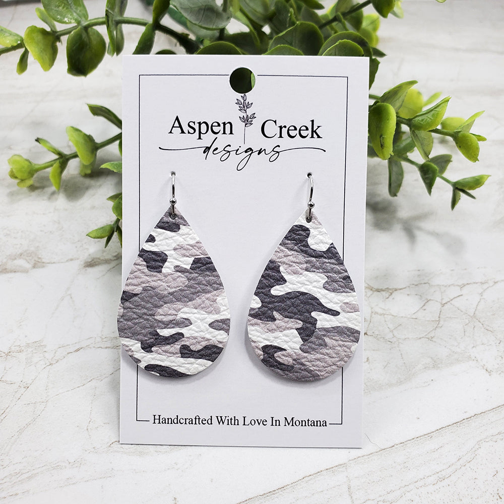 Leather Earrings- Gray & White Camo