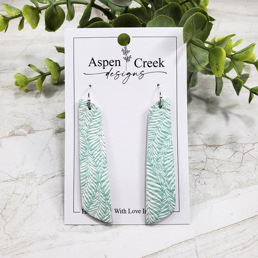 Leather Earrings- Green White Foliage