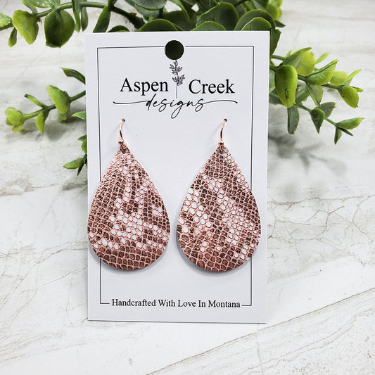 Leather Earrings- Rose Gold Snake Print