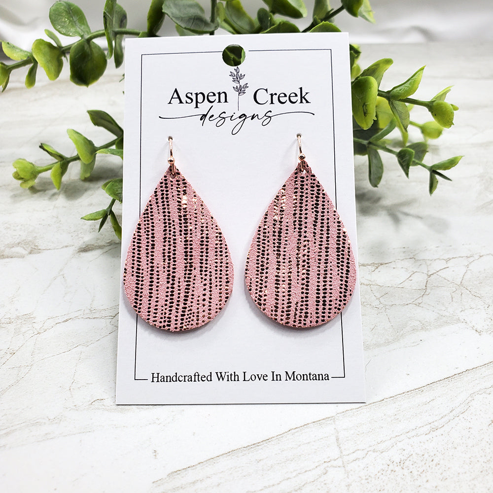 Leather Earrings- Rose Gold Stripes On Pink