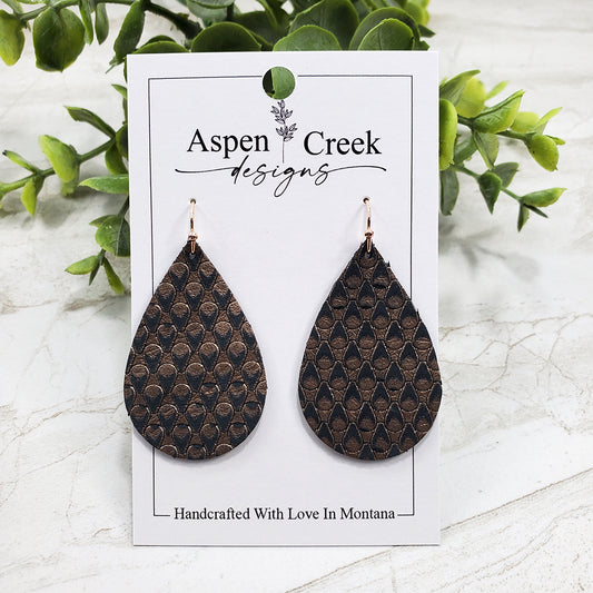 Leather Earrings- Patterned Bronze