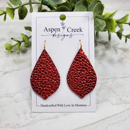 Leather Earrings- Metallic Red Bubbles