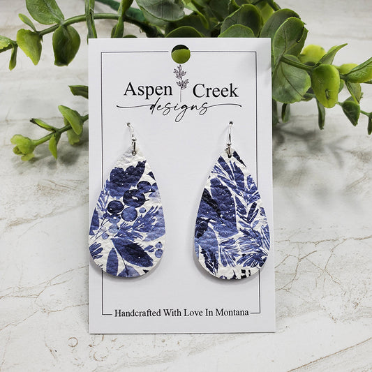 Leather Earrings- Blue Floral