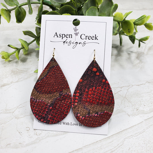 Leather Earrings- Red & Black Snake Print