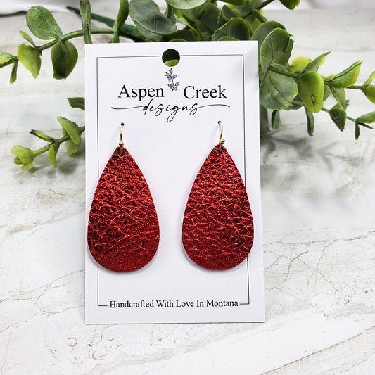 Leather Earrings- Metallic Red Pebble