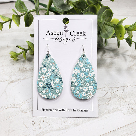 Leather Earrings- Aqua Floral