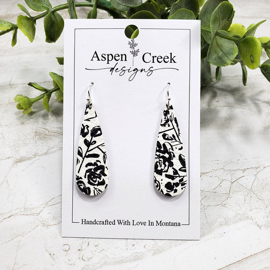 Leather Earrings- Black & White Roses