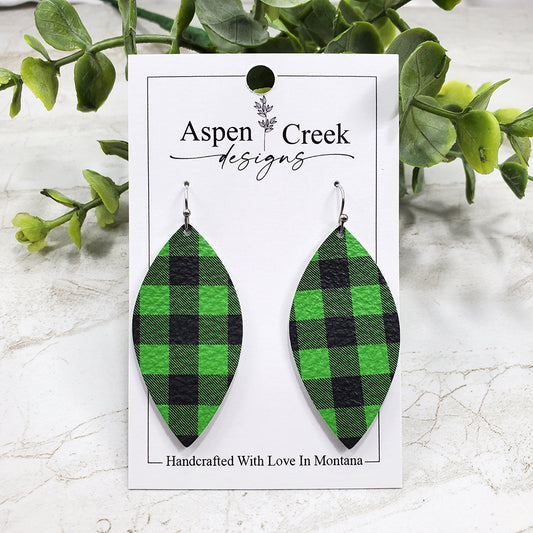 Leather Earrings- Green & Black Plaid