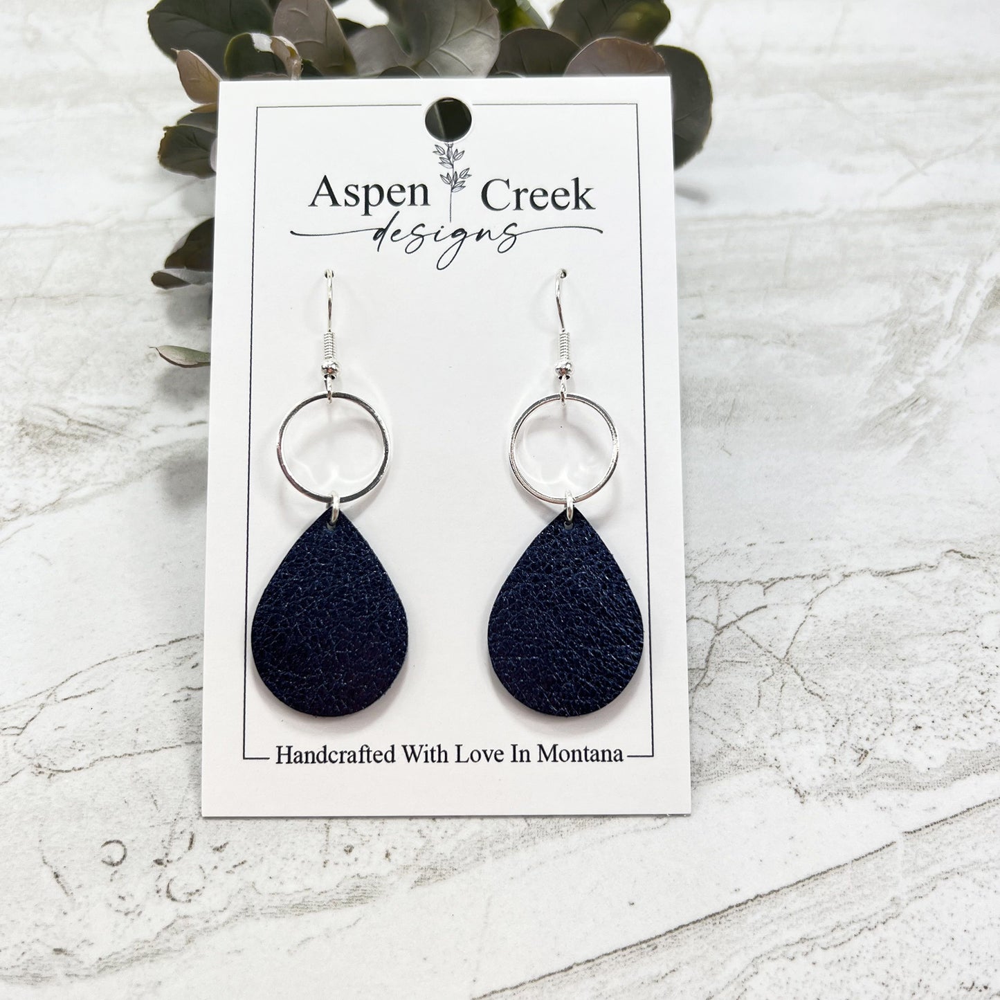 Leather & Wire Earrings- Brushed Midnite Blue