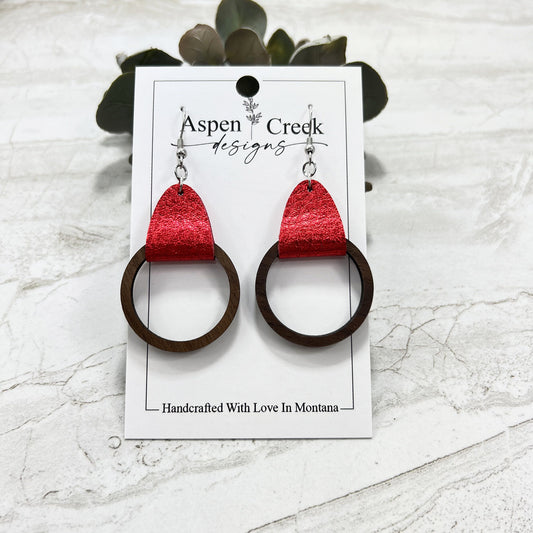 Leather Wood Tier Earrings- Walnut With Metallic Red Pebble