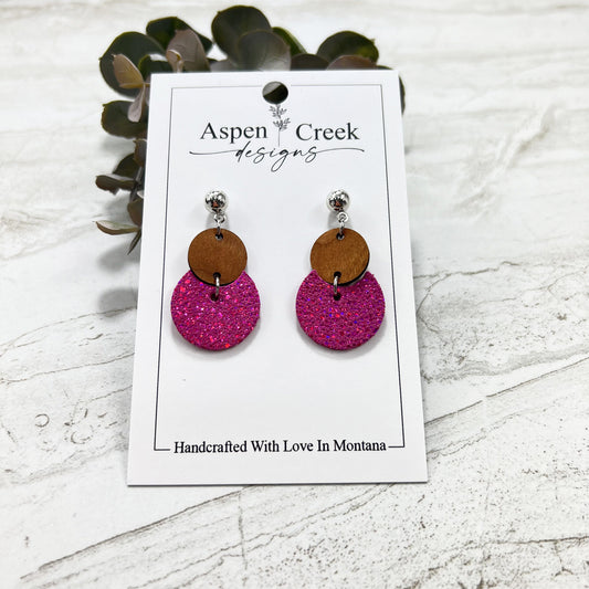 Leather Wood Tier Earrings- Cherry With Hot Pink Sparkle