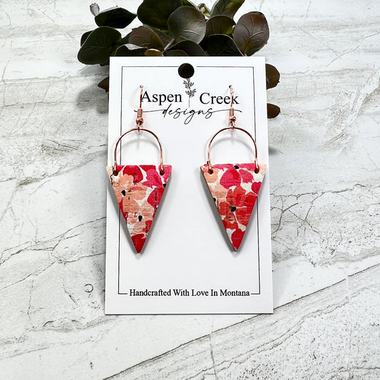 Cork Over Leather & Wire Earrings- Pink Flowers