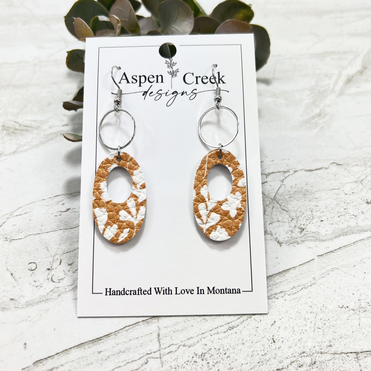 Leather & Wire Earrings- White Foliage