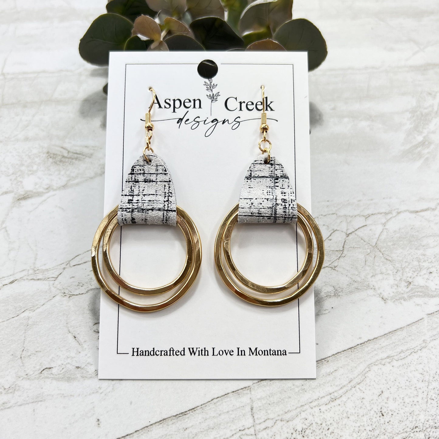 Leather & Wire Earrings- Black & White Crosshatch Shimmer