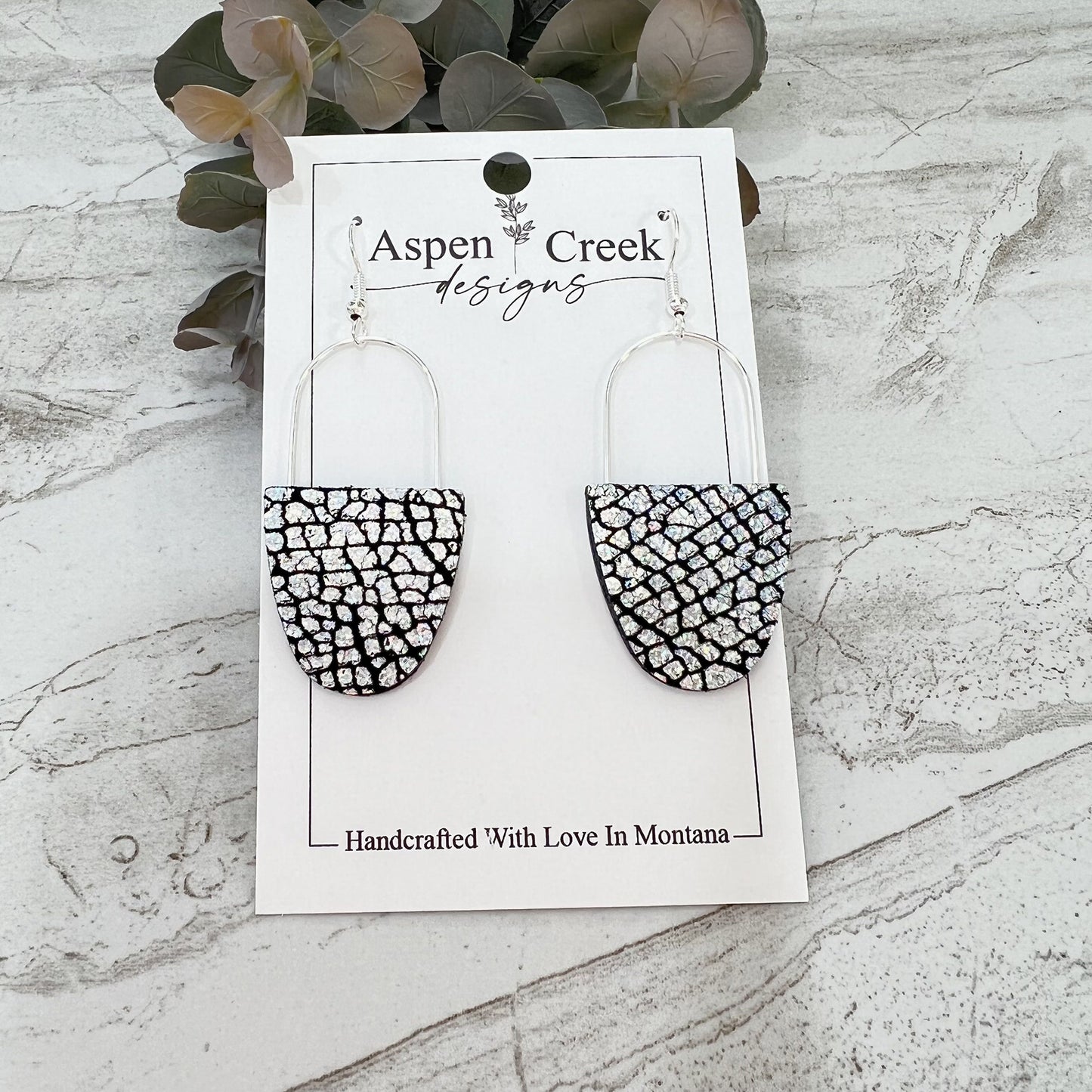 Leather & Wire Earrings- Silver Metallic Crackle