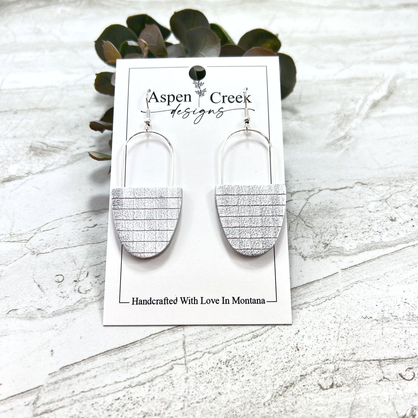 Leather & Wire Earrings- Silver Metallic Squares