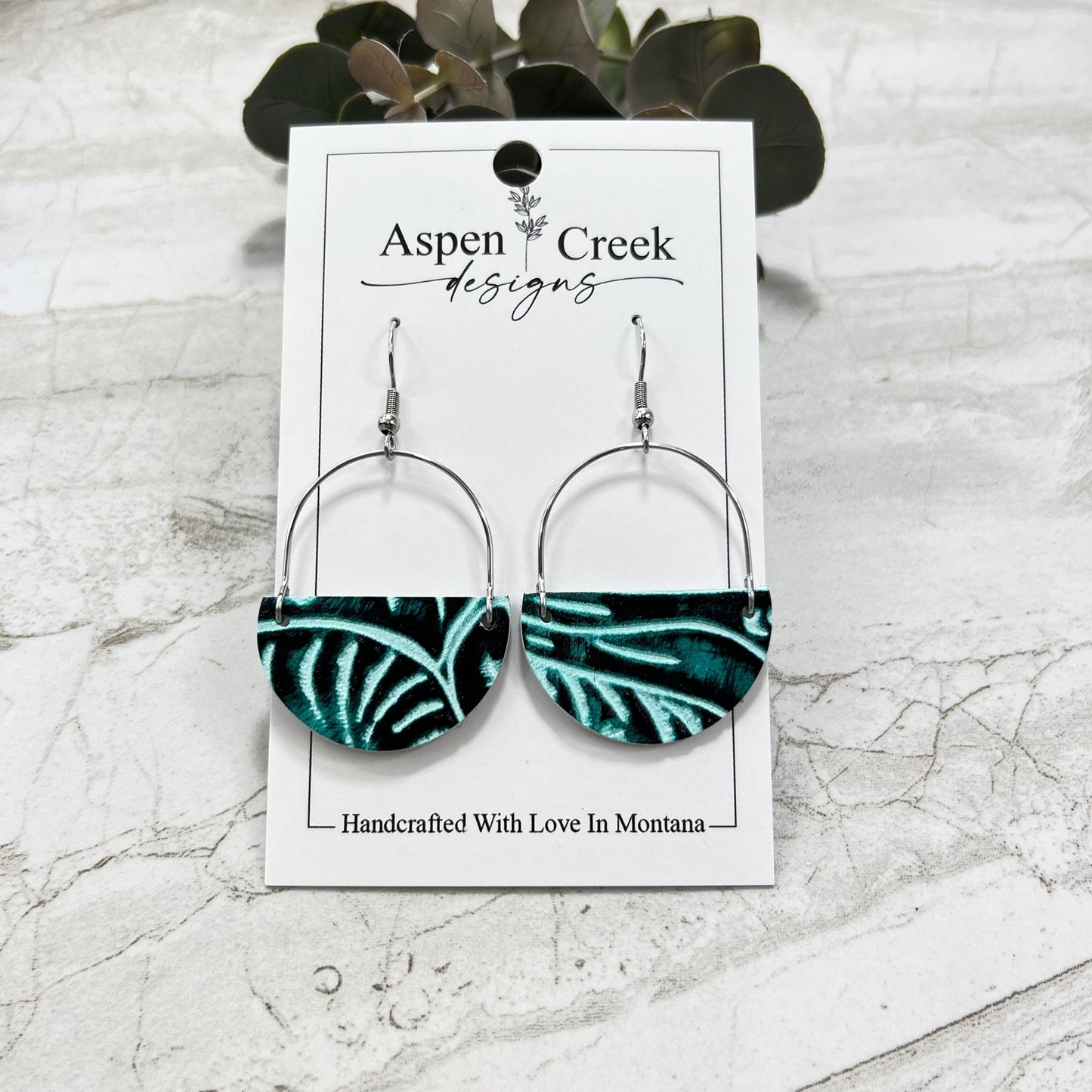 Leather & Wire Earrings- Aqua Embossed Floral