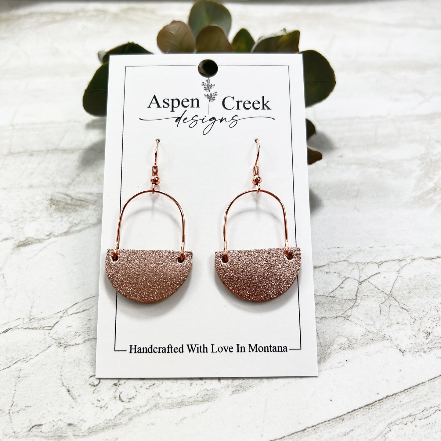 Leather & Wire Earrings- Brushed Rose Gold Metallic