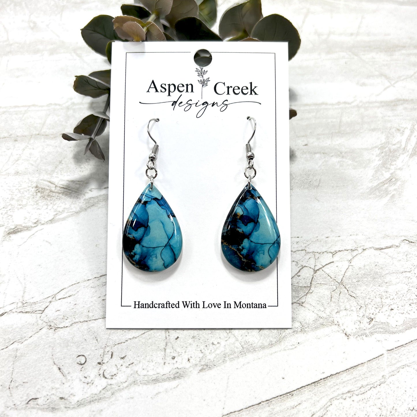 Resin Earrings- Blue Abstract