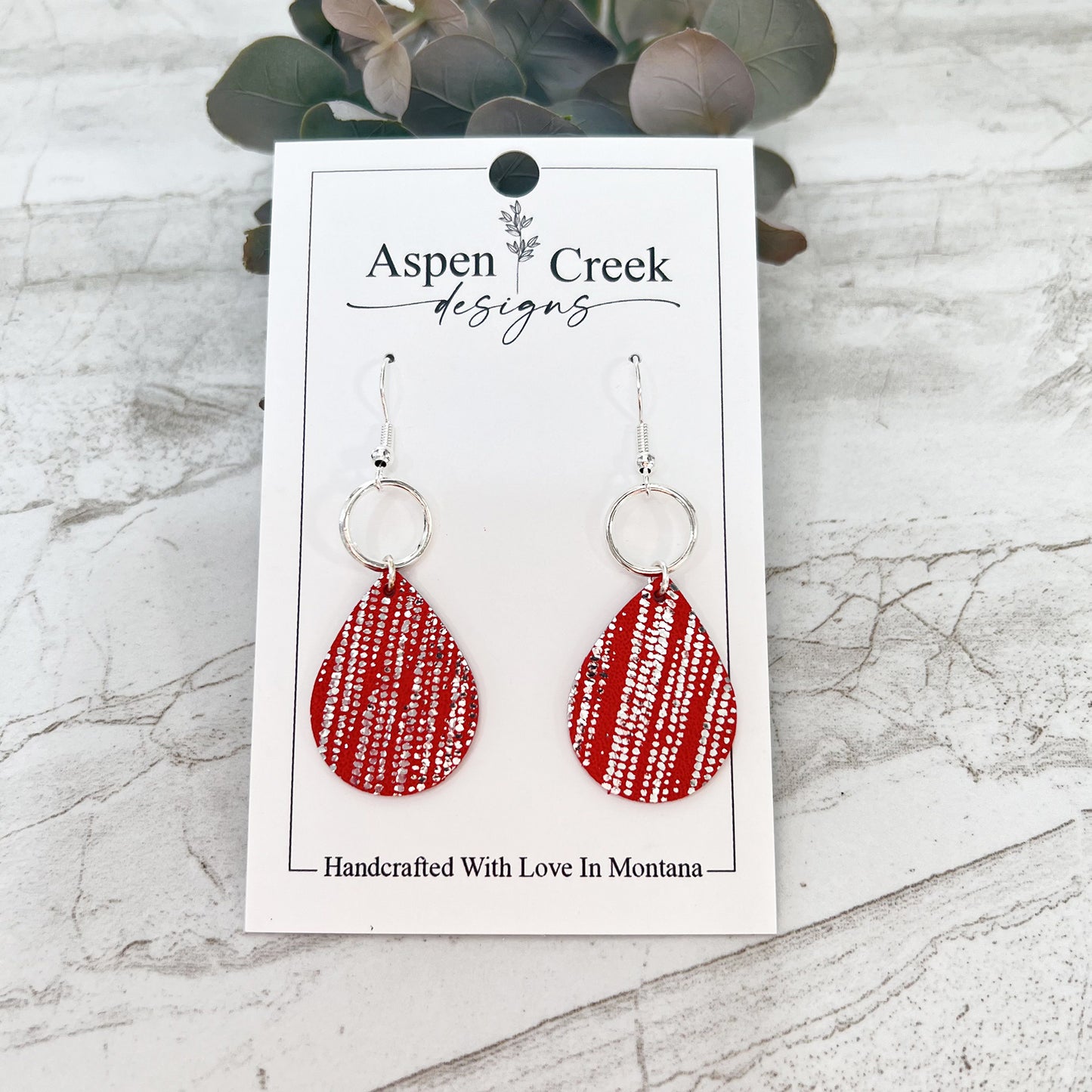 Leather & Wire Earrings- Silver Stripes On Red