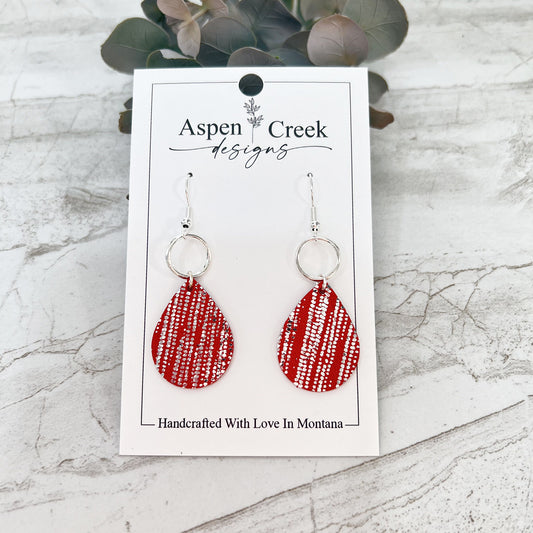 Leather & Wire Earrings- Silver Stripes On Red