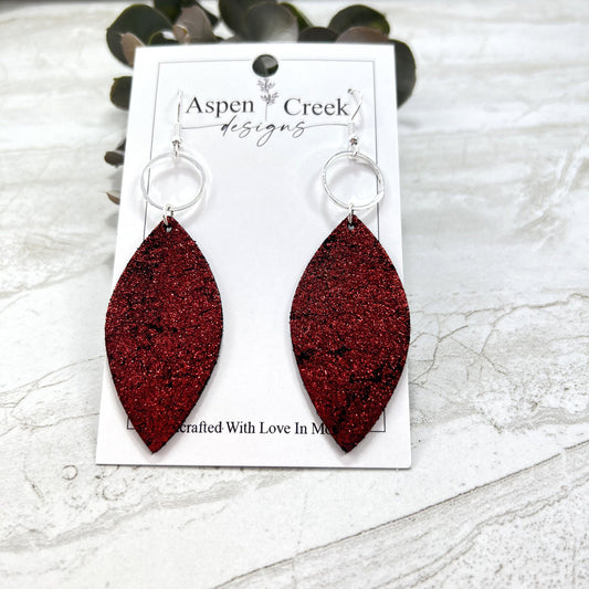 Leather & Wire Earrings- Red & Black Metallic Crackle