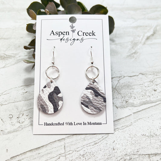 Leather & Wire Earrings- Gray Camo