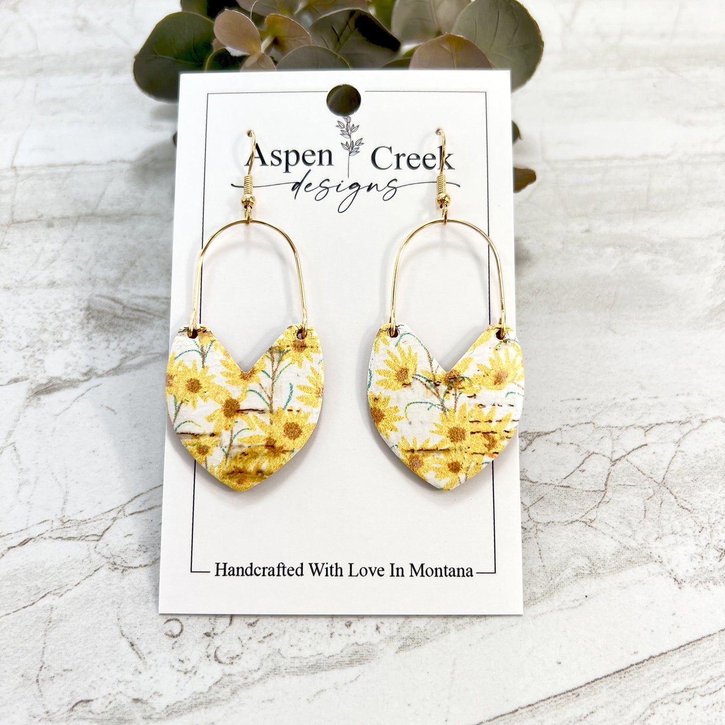 Cork Over Leather & Wire Earrings- Yellow Flowers