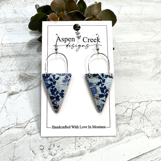 Cork Over Leather & Wire Earrings- Blue Floral