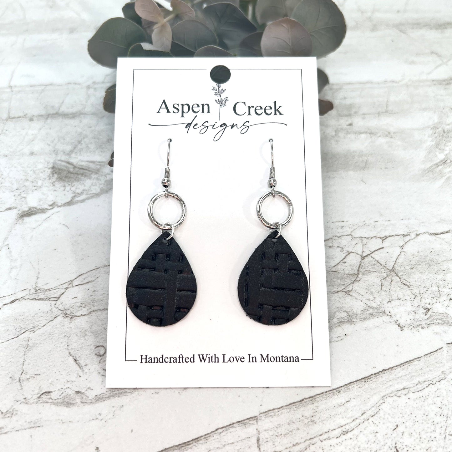 Leather & Wire Earrings- Black Weave